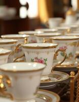 Elegant vintage tea cups displayed on a polished wooden table in a sunlit room photo