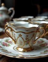 Elegant porcelain tea set with intricate floral designs on a wooden table photo