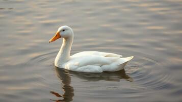 White duck swims gracefully in calm water during sunset near a peaceful lakeside photo