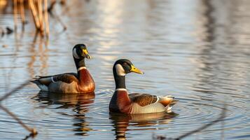 Two ducks swimming peacefully in a serene lake during golden hour light photo