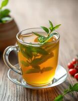Inviting cup of herbal tea with fresh mint leaves on a wooden table photo