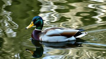 Mallard duck swimming gracefully on a tranquil lake with shimmering reflections at sunset photo