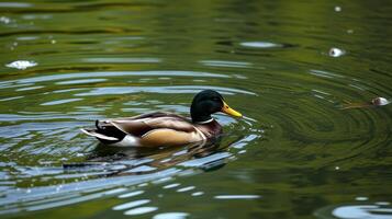 Duck swims gracefully in the tranquil pond surrounded by lush greenery during a sunny afternoon photo