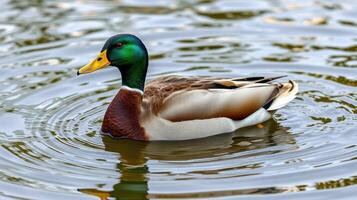 Colorful mallard duck swimming calmly in a serene pond surrounded by rippling water and greenery photo