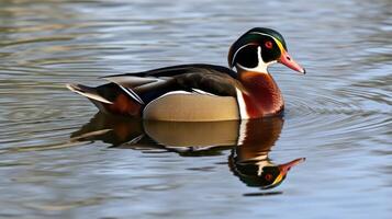 Wood duck gracefully swimming on a tranquil pond surrounded by greenery during a sunny day photo