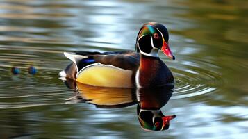Vibrant wood duck swimming gracefully in a serene pond during a sunny afternoon photo