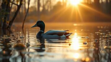 Duck swimming peacefully in a serene lake at sunset with golden reflections and gentle ripples photo