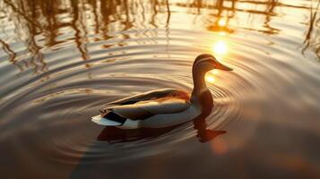 Elegant duck glides across sparkling water at sunset near tranquil wetlands photo