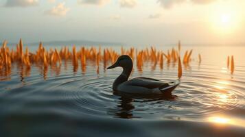 Duck swimming peacefully in calm waters at sunset near a grassy shoreline reflecting warm colors photo