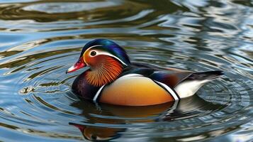 Colorful mandarin duck swimming in a serene pond during daylight hours photo