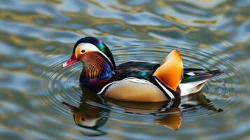 Colorful mandarin duck swimming in calm waters reflecting vibrant patterns at a serene pond in midday light photo