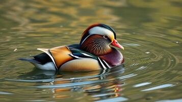 Vibrant mandarin duck swimming peacefully in a tranquil pond during golden hour photo