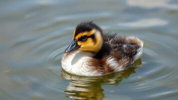 Duckling swims gracefully in a serene pond surrounded by gentle ripples during a sunny day in springtime photo