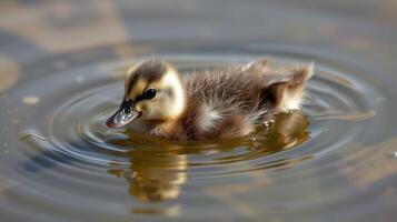 Duckling swims peacefully in a pond with gentle ripples at midday in a serene outdoor setting photo