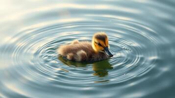 Cute duckling swims in calm water creating ripples during a sunny afternoon at a tranquil pond photo