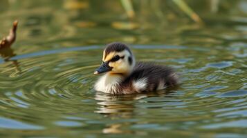 Cute duckling swims in calm water surrounded by nature on a sunny day in early spring photo