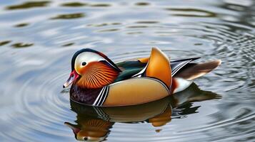Colorful mandarin duck swimming gracefully on a calm water surface photo
