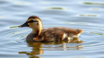 Duckling swims gracefully in a tranquil pond during a bright afternoon photo