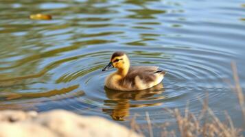 Duckling swims calmly in a serene pond surrounded by gentle ripples and natural scenery photo
