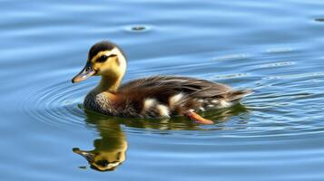 Duckling swims gracefully in a serene pond surrounded by calm waters during a sunny day photo