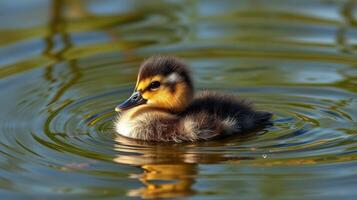 Duckling gliding peacefully on a serene pond during a sunny afternoon photo