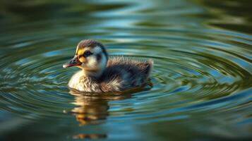 Cute duckling swims gracefully in a serene pond surrounded by gentle ripples at midday photo