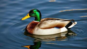 Colorful mallard duck swimming gracefully in a serene lake during daylight hours photo