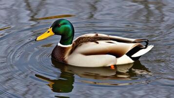 Male mallard duck swimming gracefully in a tranquil pond surrounded by soft ripples photo