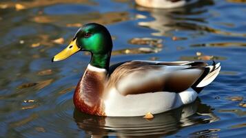 Male mallard duck swimming gracefully on a serene pond surrounded by autumn leaves in the golden hour photo