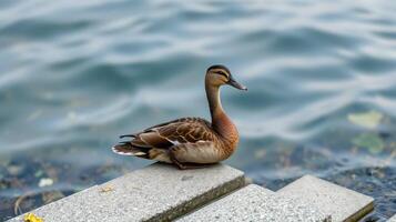 Duck resting on stone steps by the water's edge during a calm afternoon photo