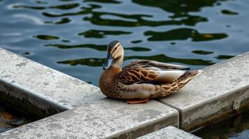 Duck resting on stone near calm water with reflections during daylight hours photo