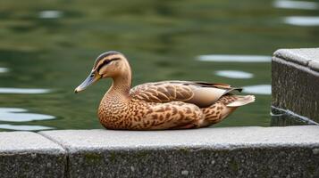 A mallard duck resting on the stone edge of a tranquil pond surrounded by lush greenery in the warm afternoon light photo