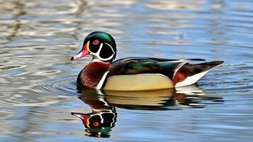 Colorful wood duck swimming gracefully on a calm lake reflecting vibrant colors during a sunny day photo