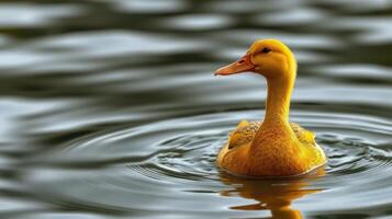 Bright yellow duck gliding smoothly on tranquil water surface during a peaceful afternoon in a serene natural setting photo
