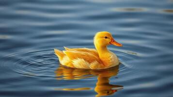 Small yellow duck swimming gracefully on calm blue water in the afternoon light photo