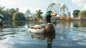 Duck swimming gracefully in a serene pond with a historic bridge in the background on a sunny day photo