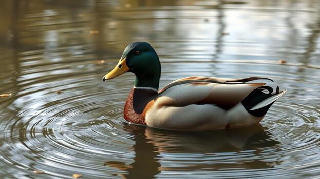 Mallard duck swimming calmly in a serene pond surrounded by gentle ripples and natural reflections during a sunny afternoon photo