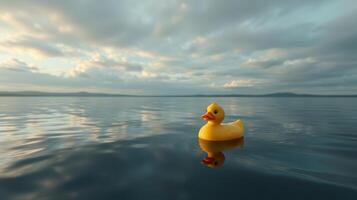 Floating yellow rubber duck on calm water under a cloudy sky at sunset photo