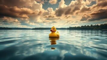 Bright yellow rubber duck floats serenely on calm lake under dramatic clouds at sunset photo