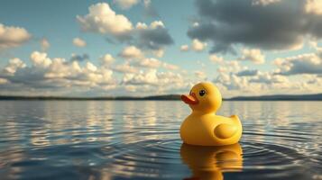 Colorful rubber duck floating serenely on calm water under a cloudy sky during late afternoon photo