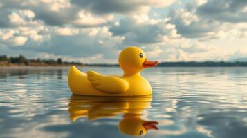 Bright yellow rubber duck floats serenely on calm water under a cloudy sky during the late afternoon photo