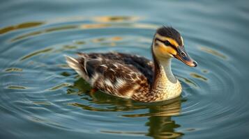 Duck swims gracefully in a calm pond, showing ripples in the water during a warm afternoon photo