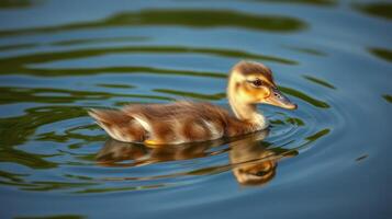 Duckling swimming gracefully in calm waters surrounded by ripples during a sunny day photo