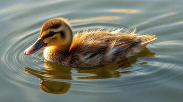 Duckling calmly swimming in tranquil water during golden hour light photo