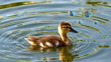 Young duckling swims in calm water with ripples and reflections on a sunny day photo