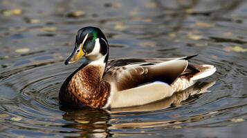 Male duck swimming peacefully on a calm pond surrounded by autumn leaves photo