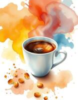 Warm cup of coffee surrounded by vibrant colors of coffee beans and abstract splashes photo