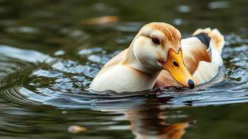 Duck swimming gracefully on a peaceful pond surrounded by lush greenery during a bright sunny day photo