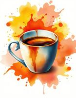 Creative coffee cup art with vibrant splashes showcasing a rich brew and colorful background photo