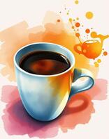 Warm coffee in a blue cup with colorful splashes in an artistic style during morning hours photo